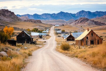 A quiet Wyoming ghost town with abandoned wooden buildings, surrounded by rugged, dusty landscapes