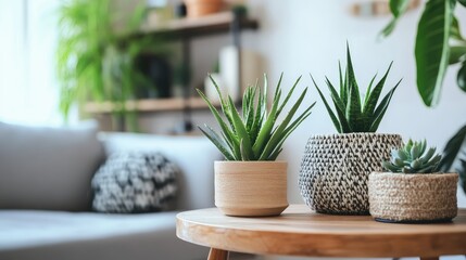 Fototapeta premium Stylish modern living room interior with green plants in decorative pots, soft gray sofa, wooden coffee table, natural light, cozy atmosphere.