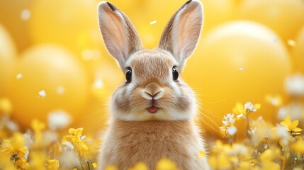 Adorable bunny with yellow balloons and confetti on a yellow background
