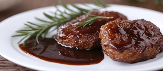 Fried steak patties with rich dark sauce and fresh rosemary on a white plate with neutral background and ample empty copy space for text.
