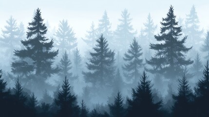 Serene misty rainforest landscape featuring dark green fir trees enveloped in ethereal gray fog, creating a tranquil and mysterious atmosphere.