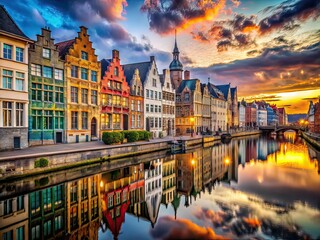 Fototapeta premium Ghent Belgium Canalside Buildings - Artistic AI Photography
