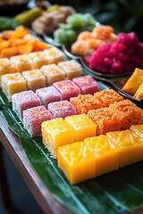 Assorted Thai desserts on a banana leaf, colorful and neatly arranged, festive and appetizing