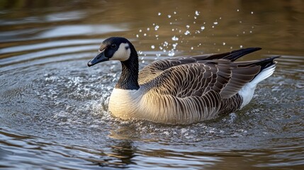 Obraz premium Majestic goose splashing joyfully in calm water creating ripples and a serene natural atmosphere