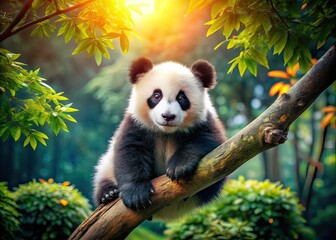 Obraz premium Giant Panda Cub in Treetop Landscape Photography