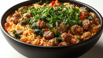 Fototapeta premium Chinese noodles with greens and meat, white background