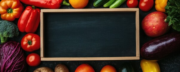 A vibrant assortment of fresh vegetables and fruits surrounding a blank chalkboard, perfect for menu writing or recipe notes.