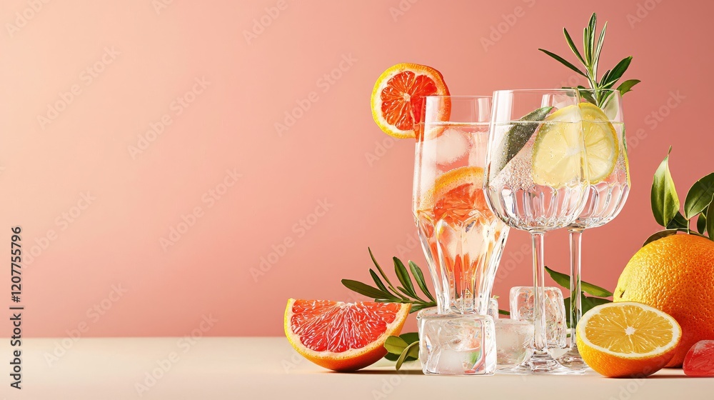 Poster refreshing citrus drinks with grapefruit lemon and rosemary on light pink background