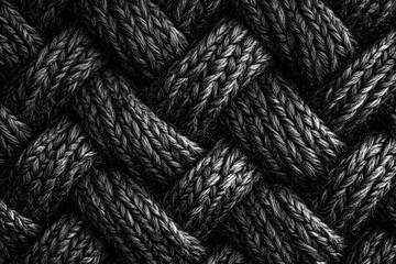 Black and white knitted background with intertwined threads, detailed texture of yarn in an abstract pattern, perfect for backgrounds or wallpaper design