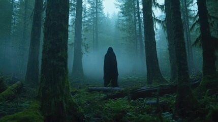 Eerie silhouette of a cloaked figure standing in a foggy green forest with tall trees and dense mist creating a mysterious atmosphere.