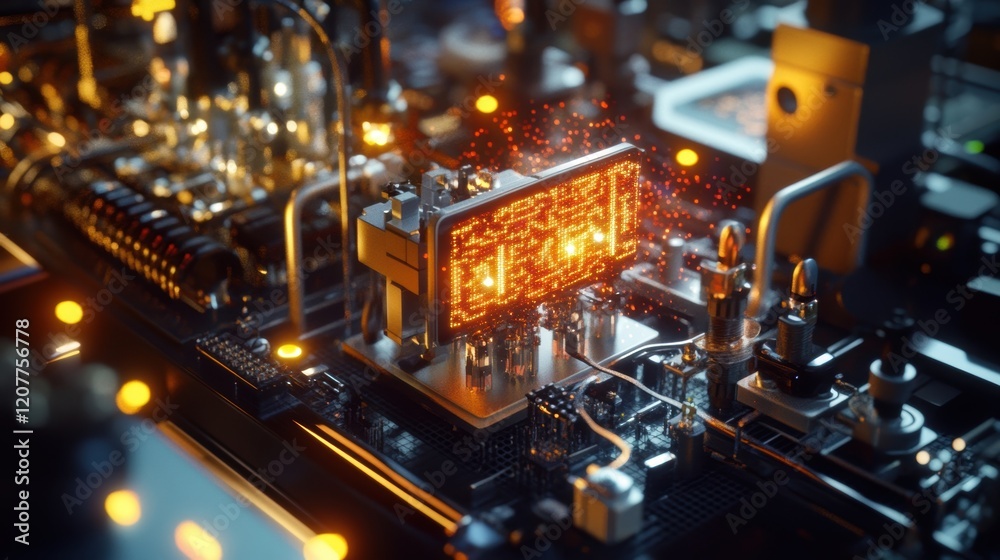 Poster complex circuitry and glowing components illuminate a futuristic microchip processing data on a moth