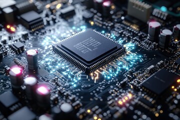 Close-up View of a Microprocessor on a Circuit Board with Glowing Connections
