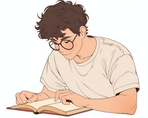 Anime young man reading a book wallpaper. Anime, vector illustration of a young man reading a book, manga character, coloring book, kawaii coloring book, scared, shocked look