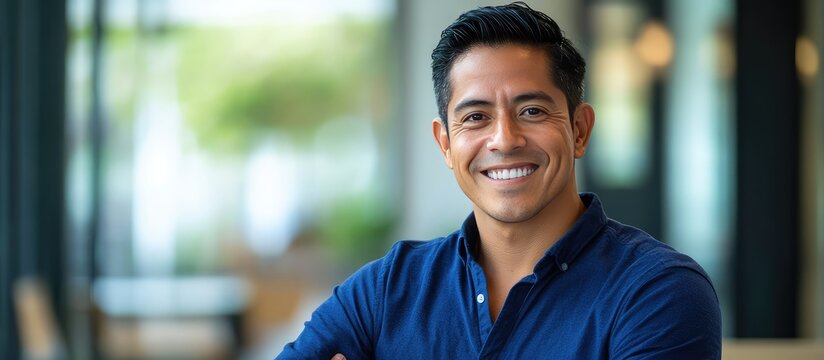 Hispanic man smiling in a blue shirt, waiting for an appointment in a modern hospital setting with soft natural light and empty copy space.