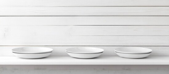 Minimalist kitchen still life featuring three empty white plates on a clean white wooden shelf with ample blank space for text and design elements.