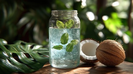 Refreshing coconut water in glass jar with leaves.