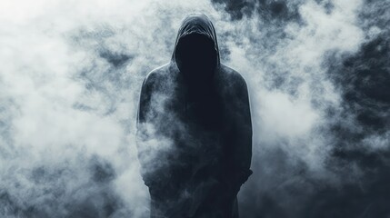 Mysterious hooded figure standing in dark swirling smoke and fog with a moody atmosphere ideal for suspense concepts and dramatic storytelling