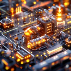 Detailed circuit board with glowing orange lights and metallic pipes in a futuristic setting