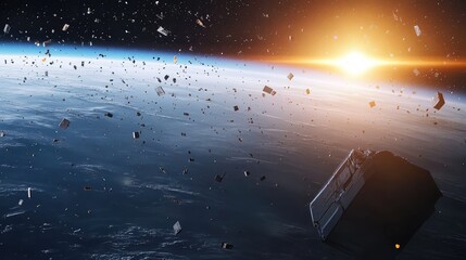 Nanobots Cleaning Space Debris in Earth's Atmosphere at Sunset with Bright Orange and Blue Sky in High Resolution Wide-Angle View
