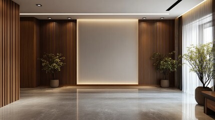 Spacious modern interior with minimalist design and blank wall ideal for mockup displays and creative presentations.