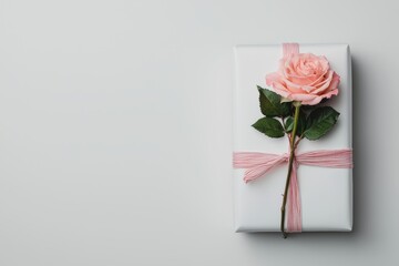 Pink rose decorating white gift box for Valentine's Day