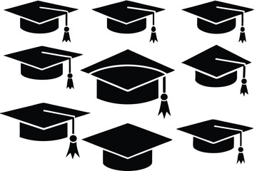 set of Grad cap silhouette icon. Clipart image isolated on white background