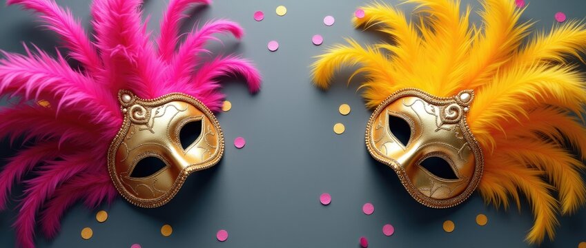 Elegant venetian carnival mask with pink and yellow feathers on grey background.