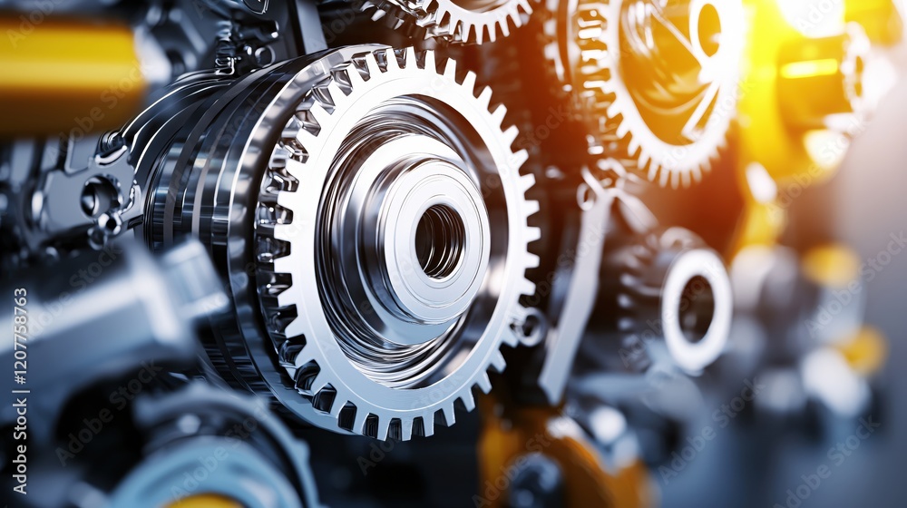 Fototapete mechanical gears and cogs in intricate arrangement with metallic sheen and soft light