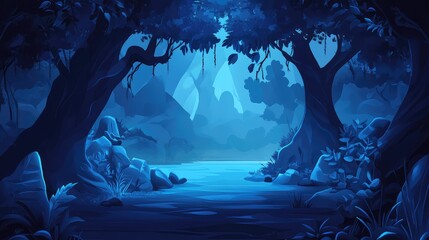 Fototapeta premium Enigmatic Midnight Blue Forest with Luminous Water Reflection and Silhouetted Trees in Serene Bay Setting