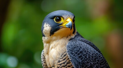 Fototapeta premium Gray headed peregrine falcon portrait showcasing intricate feather details in a lush forest environment.