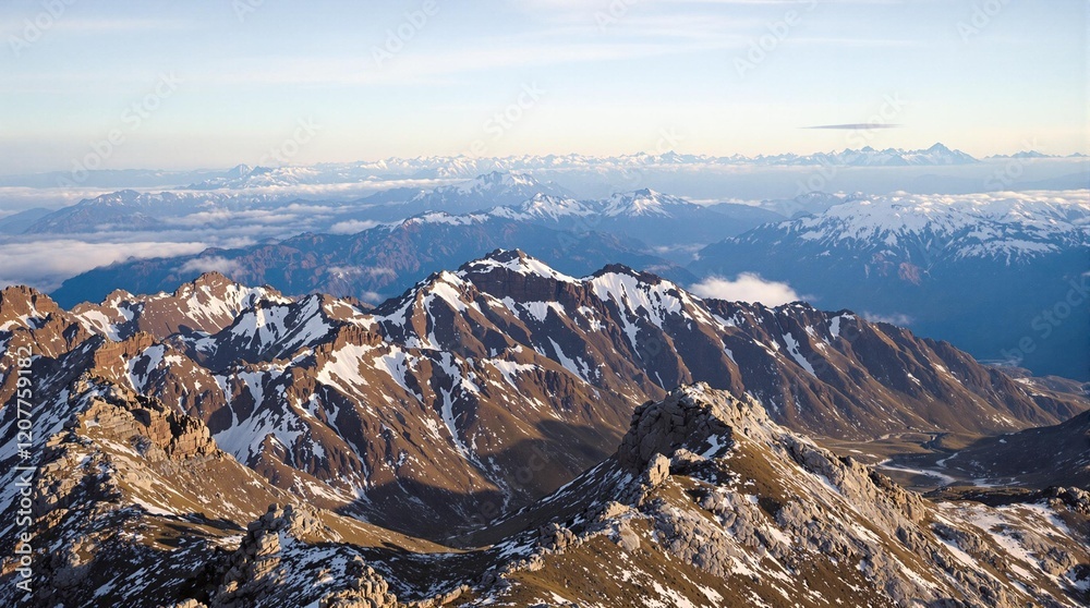 Aufkleber a panoramic view of a mountainous landscape, showcasing rugged terrain with snow-capped peaks and ro
