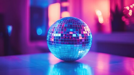 Colorful geometric disco ball illuminated by blue and pink lights, positioned on a table with a blurred background, creating a vibrant nightlife atmosphere.