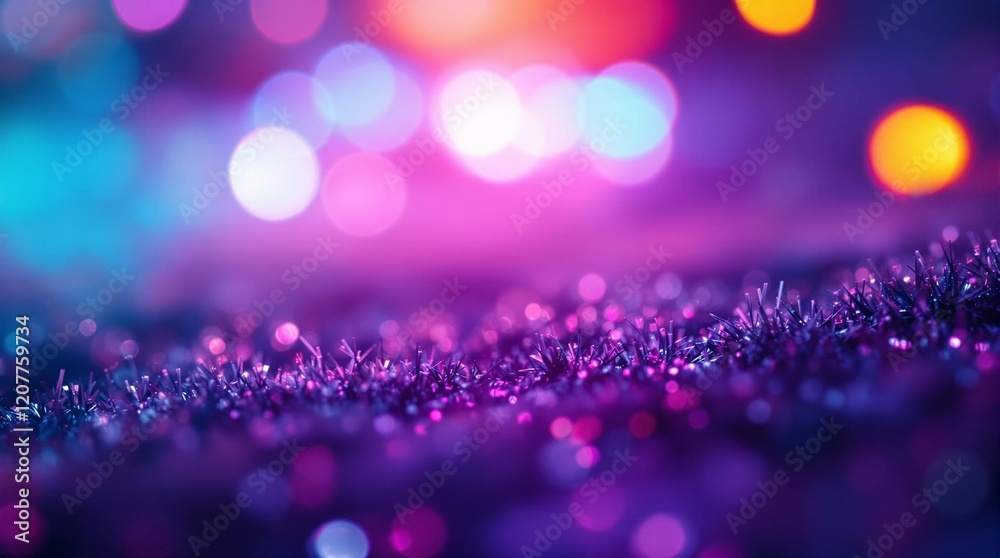 Aufkleber a background with a mix of purple and pink hues, creating a vibrant and festive atmosphere. The background is adorned with various colorful glitters and bokeh effects, adding depth and dimension to th