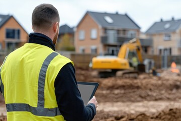 Fototapeta premium Construction worker using tablet on site with excavator and houses in background