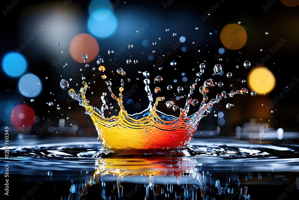 Fototapete Water splash with vibrant colors and bokeh lights on a dark background creating a dynamic scene