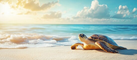 Joyful Retirement Scene Featuring Content Turtles on a Serene Beach at Sunset with Gentle Waves and Clear Blue Sky, Ideal for Text Placement