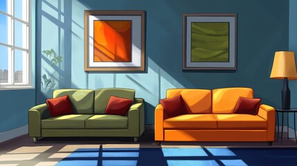 Bright and airy modern living room with green and orange sofas, accent pillows, stylish table lamp, colorful wall art, and natural sunlight streaming in.