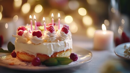 Beautiful birthday cake adorned with candles and fresh raspberries set against a softly blurred festive background.