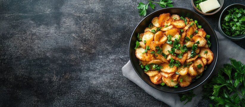 Fried uha fish garnished with scallions and butter on dark slate backdrop with empty space for text in top view layout