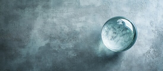 Clear spherical glass orb placed on a textured gray concrete surface, featuring ample negative space for potential text or branding.