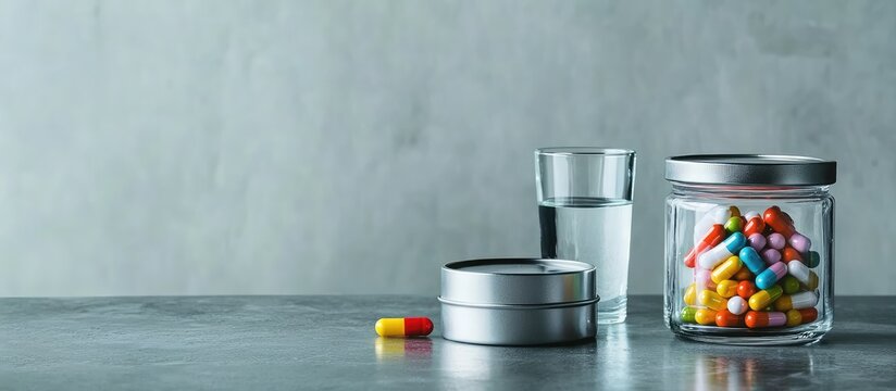 Colorful capsules in a glass jar beside a pillbox and a clear glass of water on a gray surface with empty space for text and minimalist design
