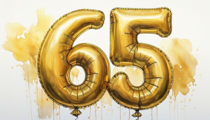Obraz premium Gold birthday / anniversary party balloon, number 65, watercolor painting with white background