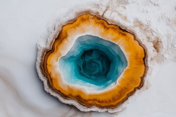 A soft watercolor painting of the Grand Prismatic Spring in Yellowstone, with its vivid rings of blue, orange, and yellow blending beautifully into the landscape