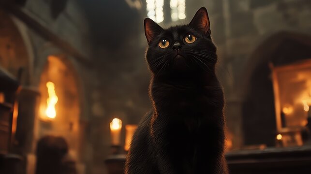 Black Cat with Glowing Yellow Eyes in Dimly Lit Ancient Magic Classroom Surrounded by Candles and Shadows