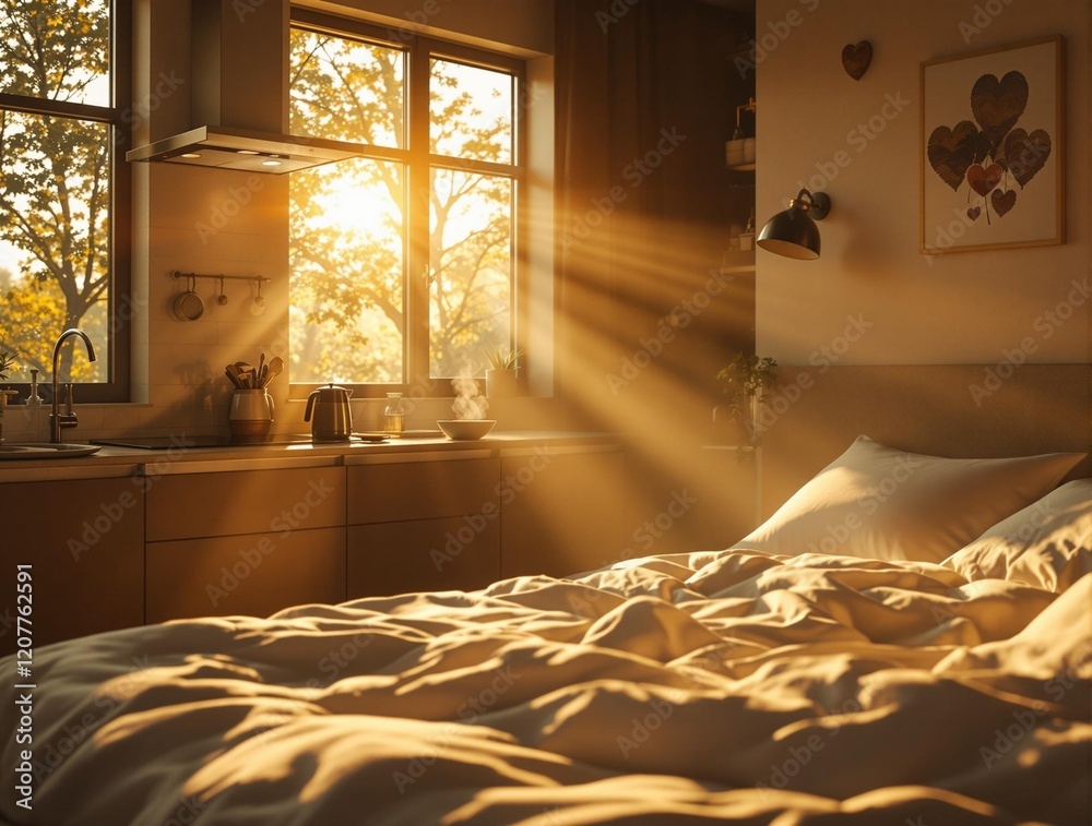 Poster a cozy bedroom with sunlight streaming through a window, casting warm rays of light across the bed a