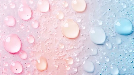 Colorful nail polish droplets in varied hues of pink and blue on a textured wet surface top view, macro photography capturing glossy details.