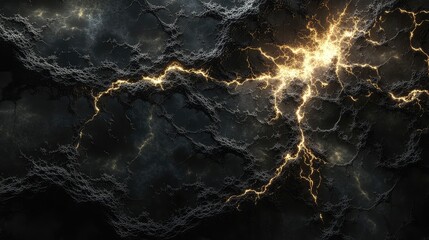 Dynamic Abstract Design Featuring Interconnected Fractal Circuits and Vibrant Neon Veins on Dark Textured Background with Golden Highlights
