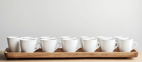 Arrangement of multiple white coffee cups on a rustic wooden tray against a soft neutral background with ample blank space for text insertion
