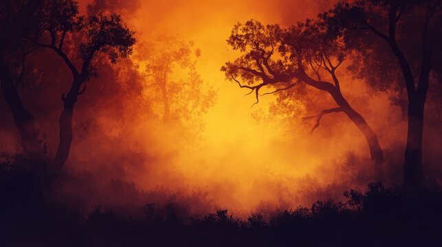 Eerie fog enveloping silhouettes of trees under a dramatic orange sky creating a mysterious and atmospheric landscape scene.