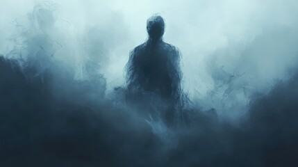Obraz premium Ethereal silhouette of a shadowy figure emerging from a dense blue and gray fog in an atmospheric and mysterious landscape setting.